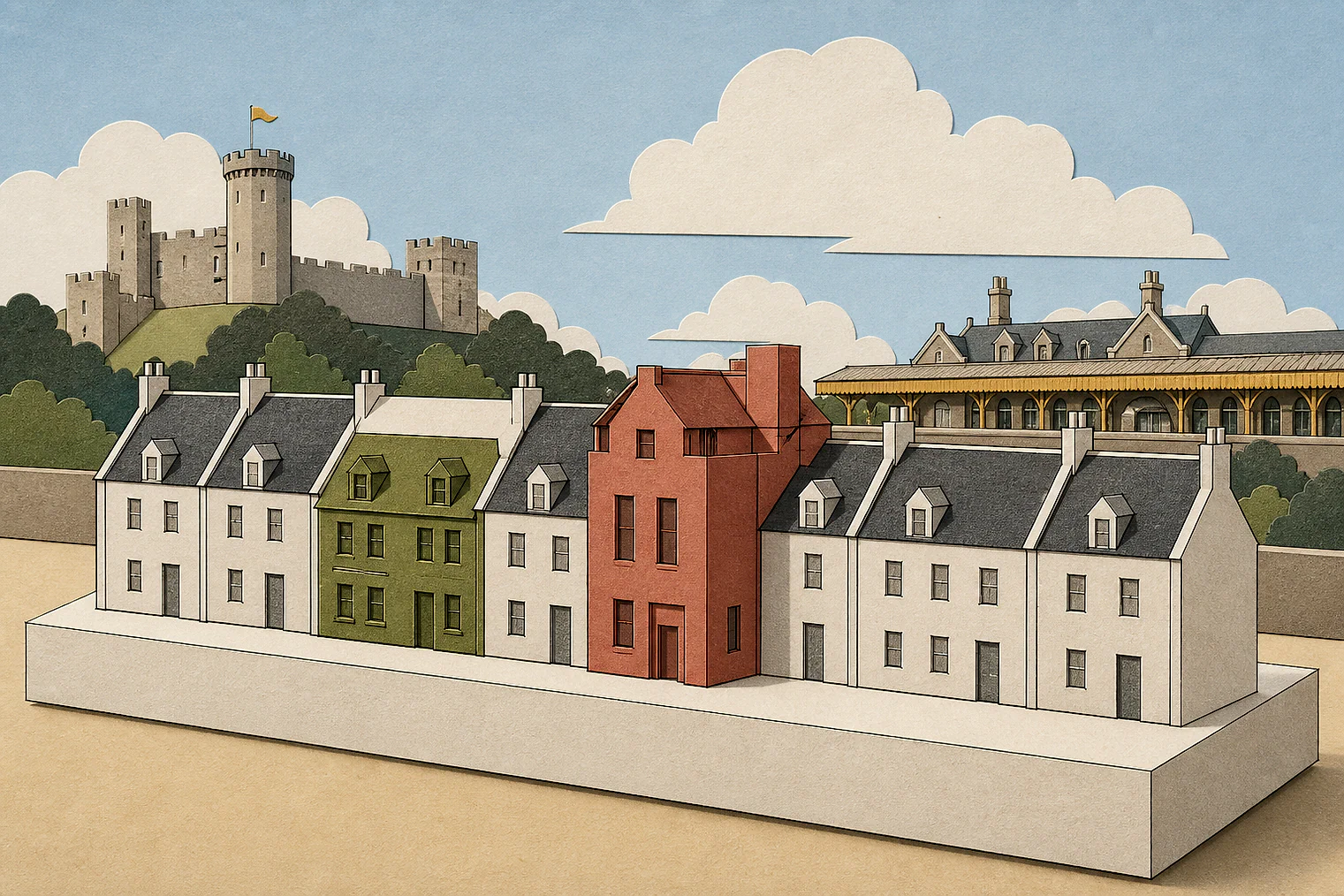 Cut-paper illustration of an imaginary character, scale and appearance planning issue in Warwick, with simplified local landmarks.
