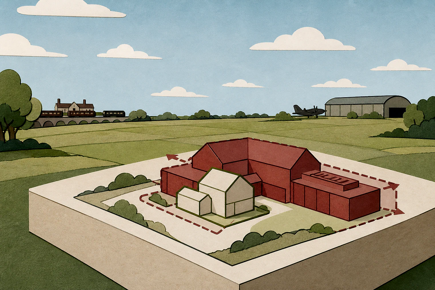 Cut-paper illustration of an imaginary building scale and Green Belt openness planning issue in Warwick, with simplified local landmarks.
