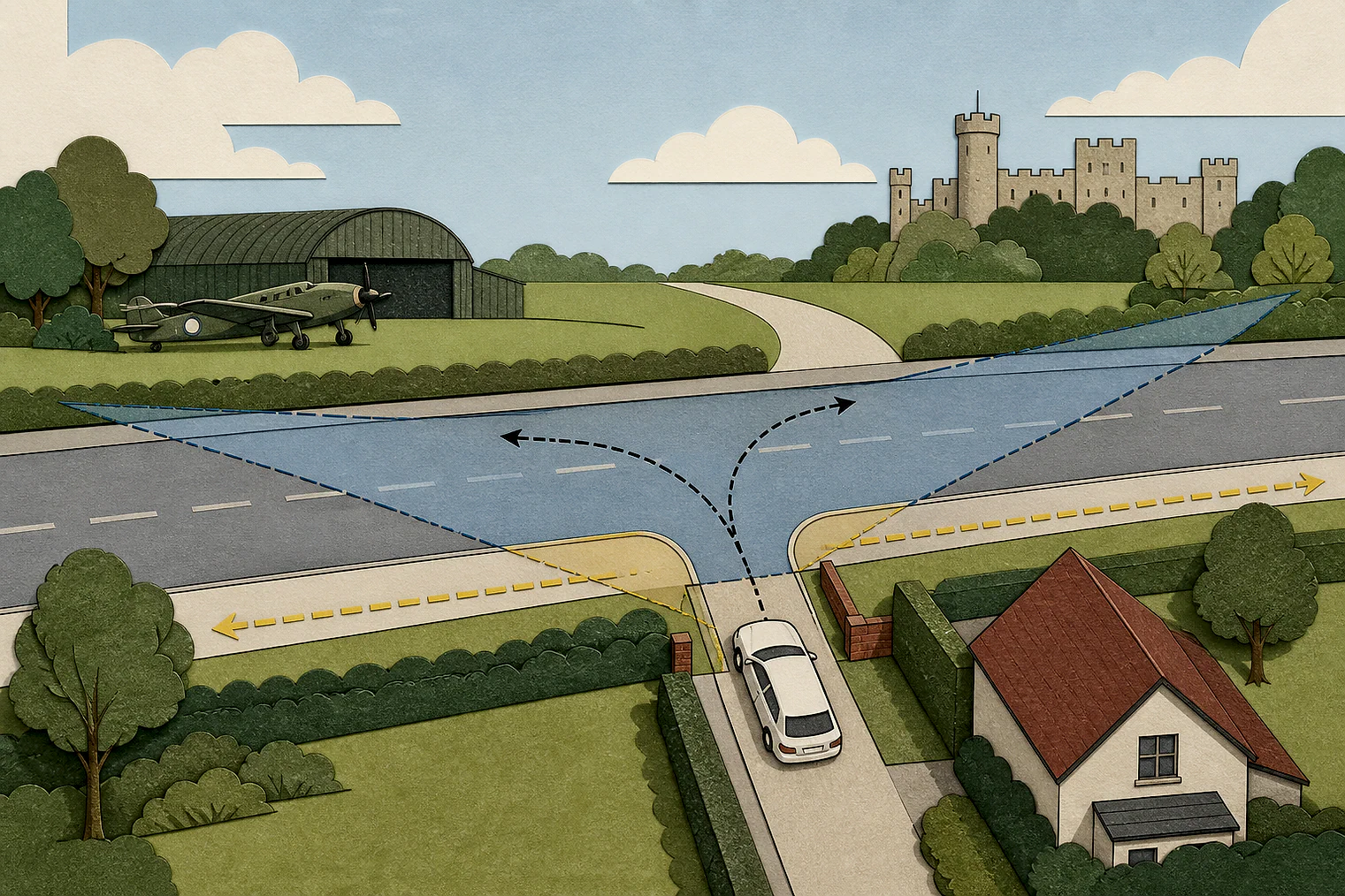 Cut-paper illustration of an imaginary access, visibility and highway safety planning issue in Warwick, with simplified local landmarks.