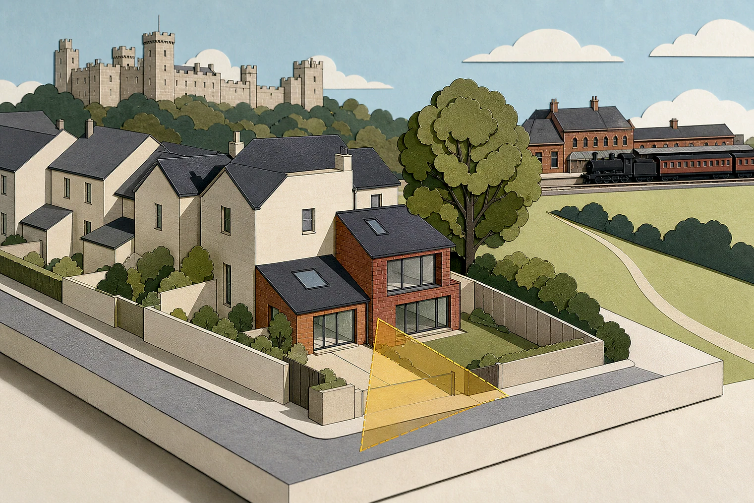Cut-paper planning illustration for Warwick, showing extensions, neighbours, access and open land near simplified local landmarks.
