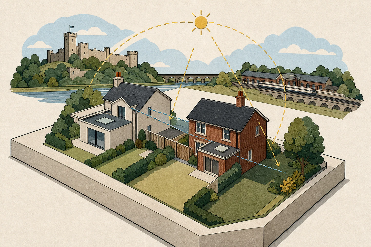 Cut-paper illustration of an imaginary privacy, daylight and neighbour living conditions planning issue in Warwick, with simplified local landmarks.