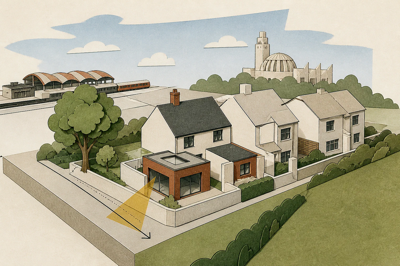 Cut-paper planning illustration for Watford, showing extensions, neighbours, access and open land near simplified local landmarks.