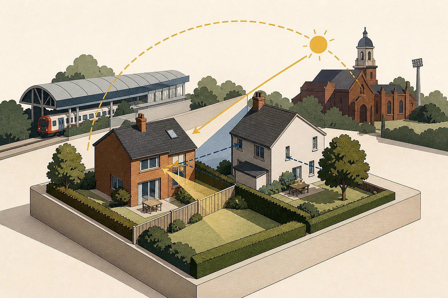 Cut-paper illustration of an imaginary privacy, daylight and neighbour living conditions planning issue in Watford, with simplified local landmarks.