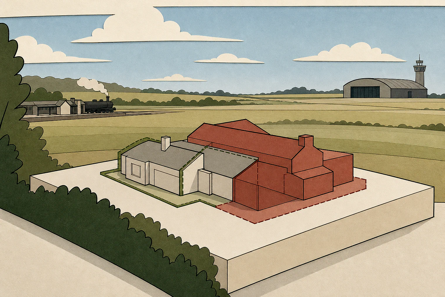 Cut-paper illustration of an imaginary building scale and Green Belt openness planning issue in Waverley, with simplified local landmarks.