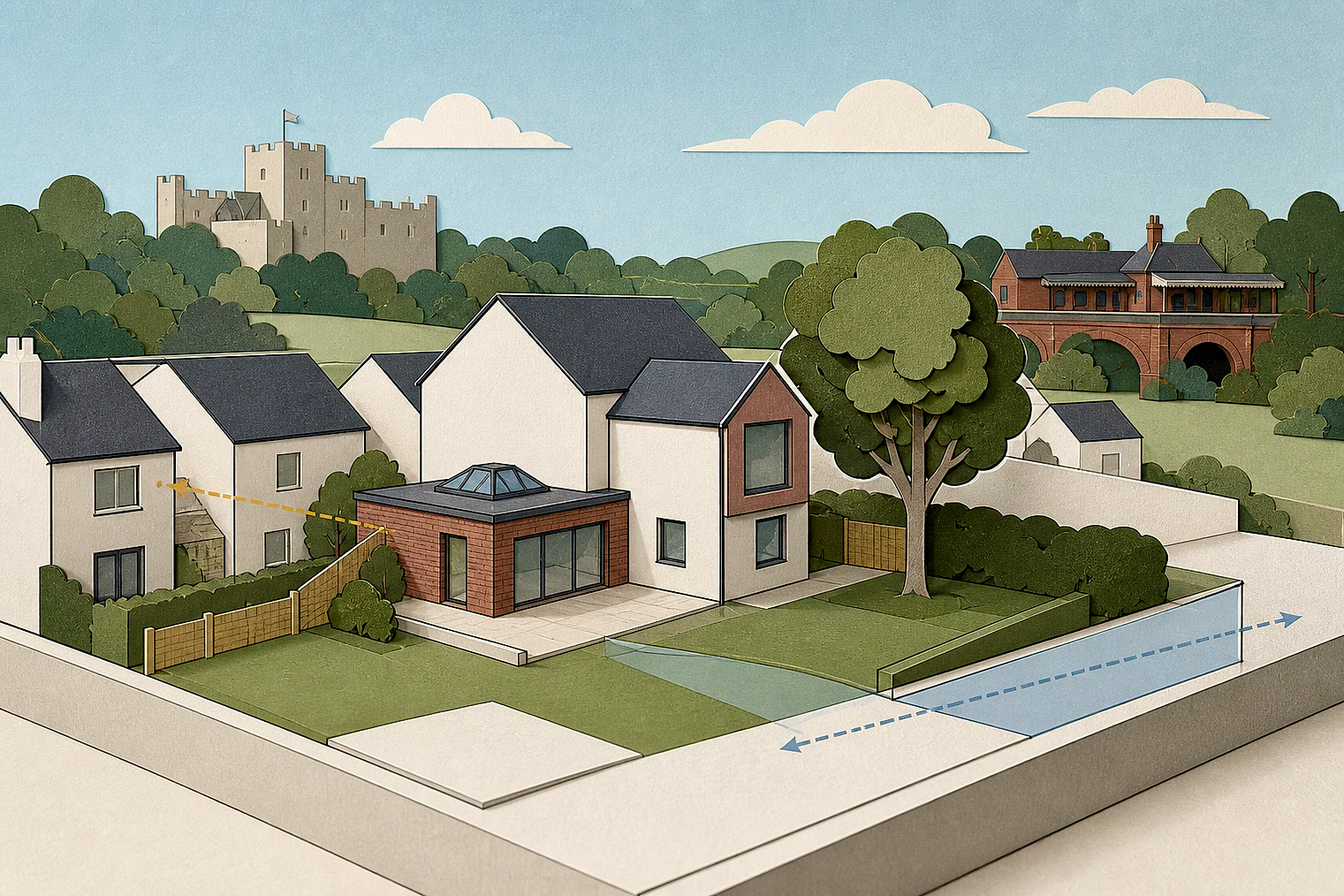 Cut-paper planning illustration for Waverley, showing extensions, neighbours, access and open land near simplified local landmarks.