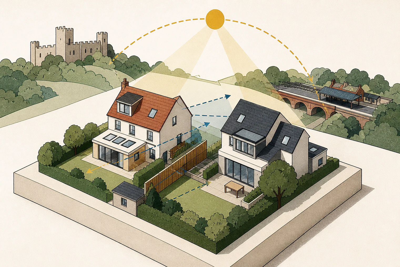 Cut-paper illustration of an imaginary privacy, daylight and neighbour living conditions planning issue in Waverley, with simplified local landmarks.