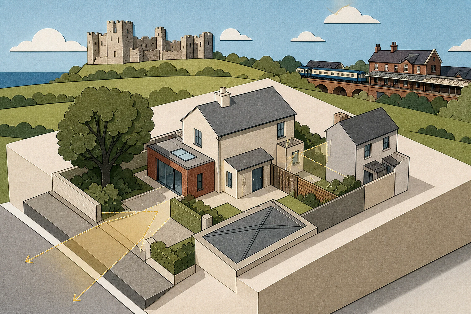 Cut-paper planning illustration for Wealden, showing extensions, neighbours, access and open land near simplified local landmarks.