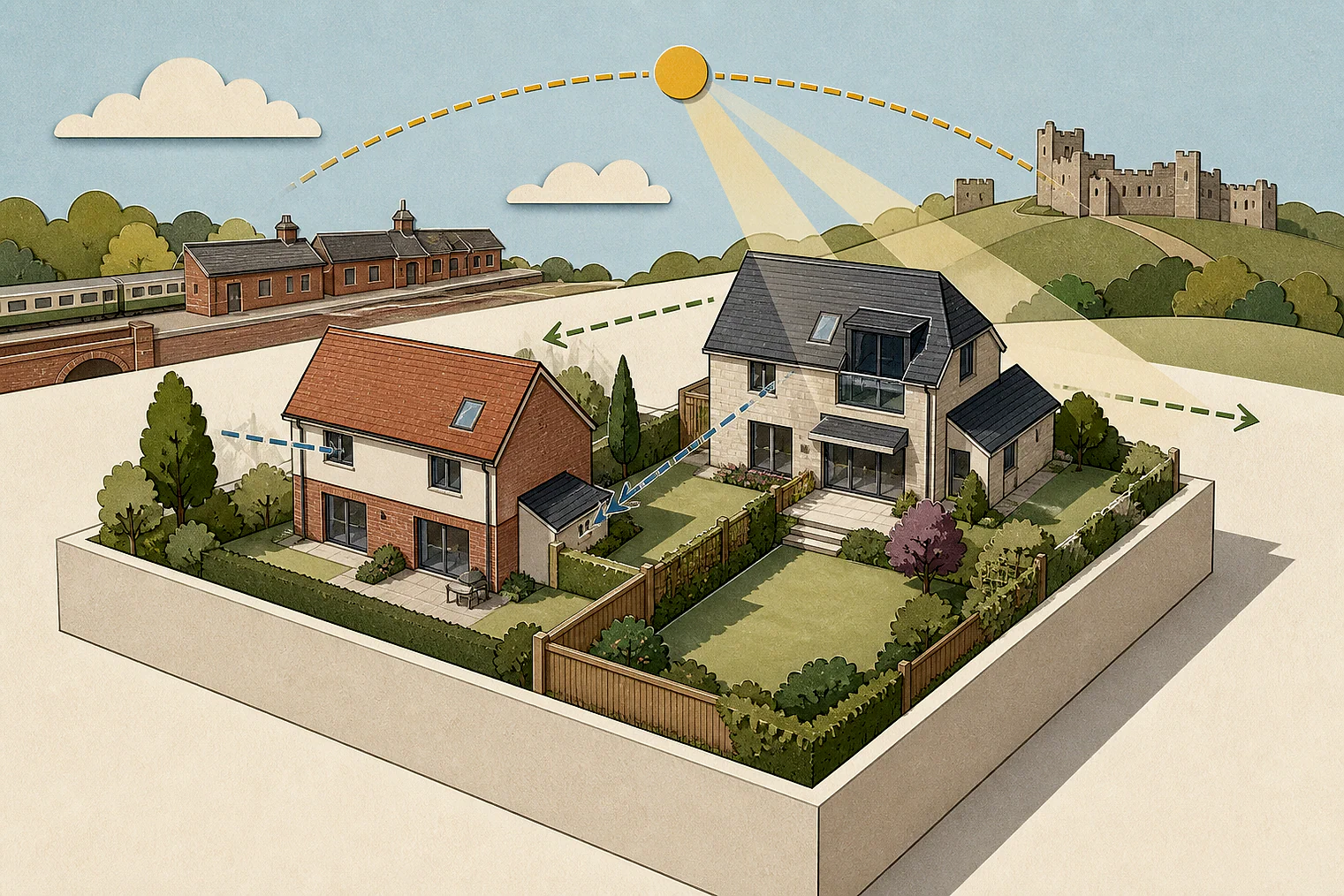 Cut-paper illustration of an imaginary privacy, daylight and neighbour living conditions planning issue in Wealden, with simplified local landmarks.