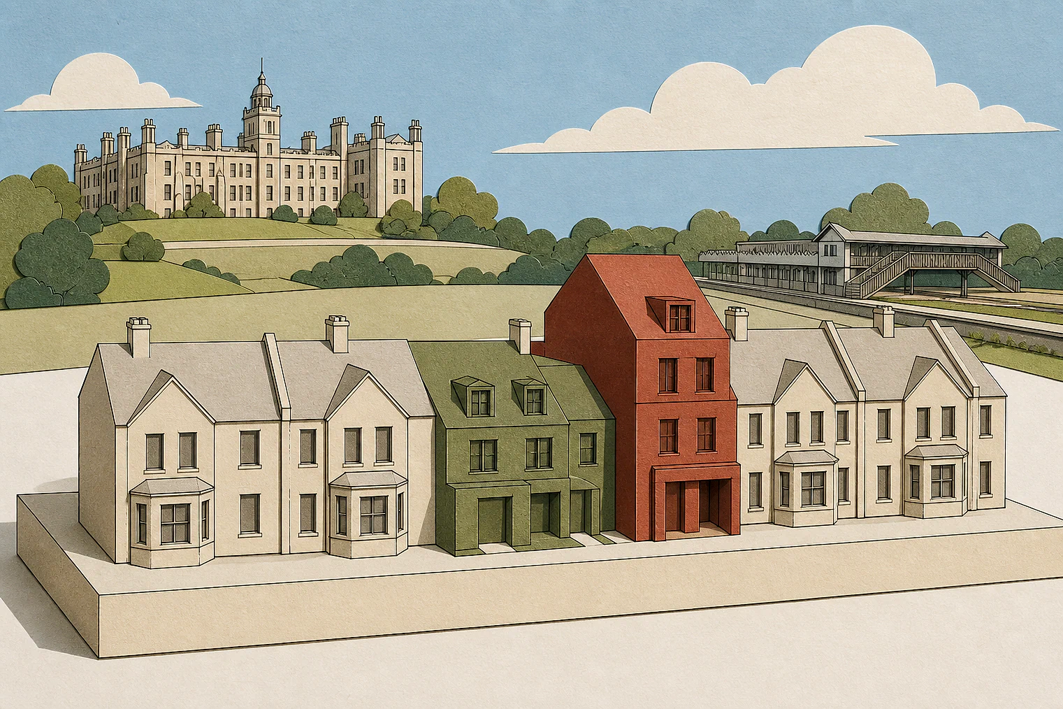 Cut-paper illustration of an imaginary character, scale and appearance planning issue in Welwyn Hatfield, with simplified local landmarks.
