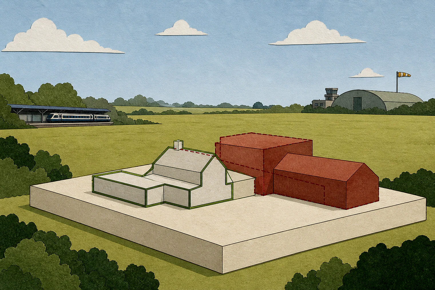 Cut-paper illustration of an imaginary building scale and Green Belt openness planning issue in Welwyn Hatfield, with simplified local landmarks.