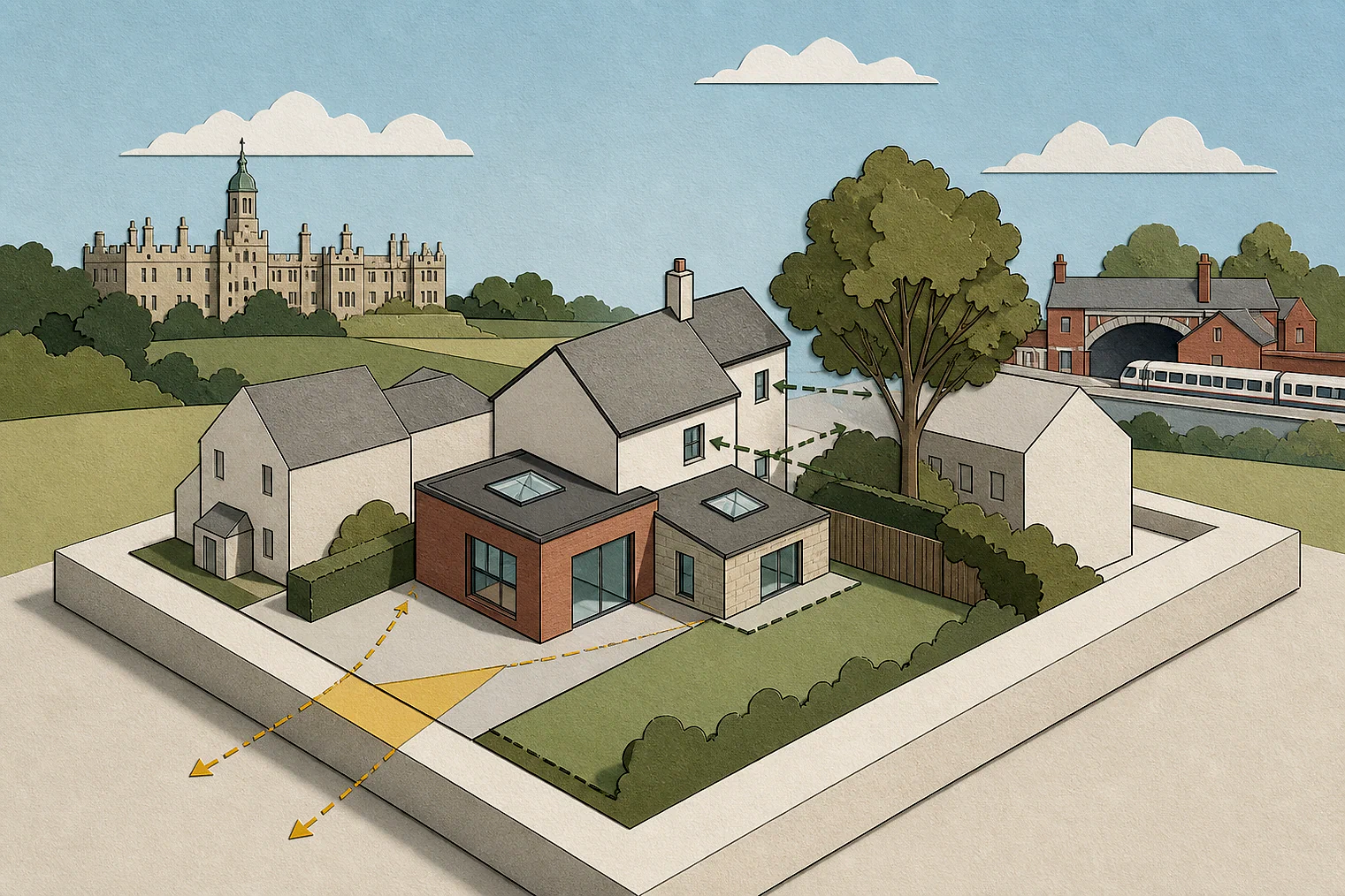 Cut-paper planning illustration for Welwyn Hatfield, showing extensions, neighbours, access and open land near simplified local landmarks.