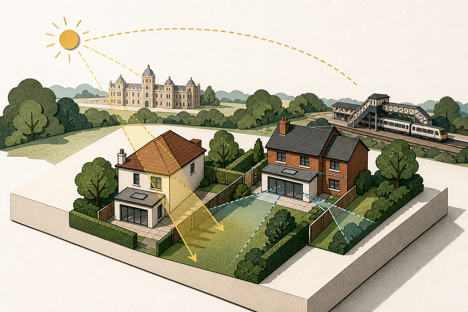 Cut-paper illustration of an imaginary privacy, daylight and neighbour living conditions planning issue in Welwyn Hatfield, with simplified local landmarks.