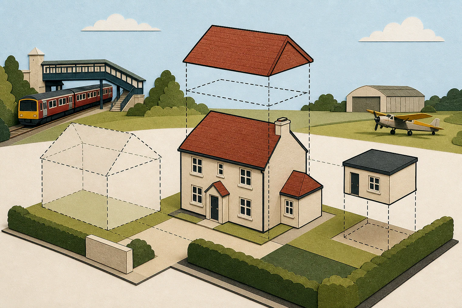 Cut-paper illustration of an imaginary permitted development dimensions and building relationships planning issue in Welwyn Hatfield, with simplified local landmarks.