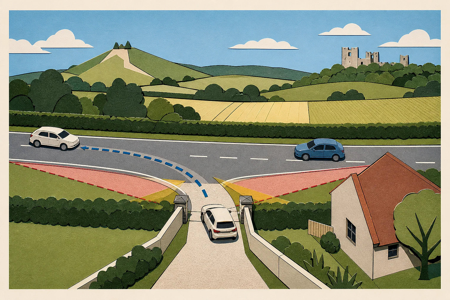 Cut-paper illustration of an imaginary access, visibility and highway safety planning issue in West Berkshire, with simplified local landmarks.