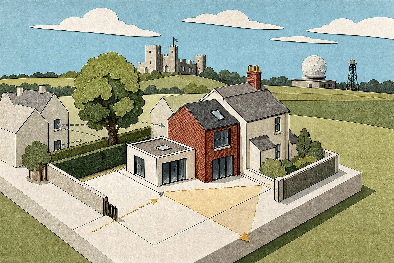 Cut-paper planning illustration for West Berkshire, showing extensions, neighbours, access and open land near simplified local landmarks.