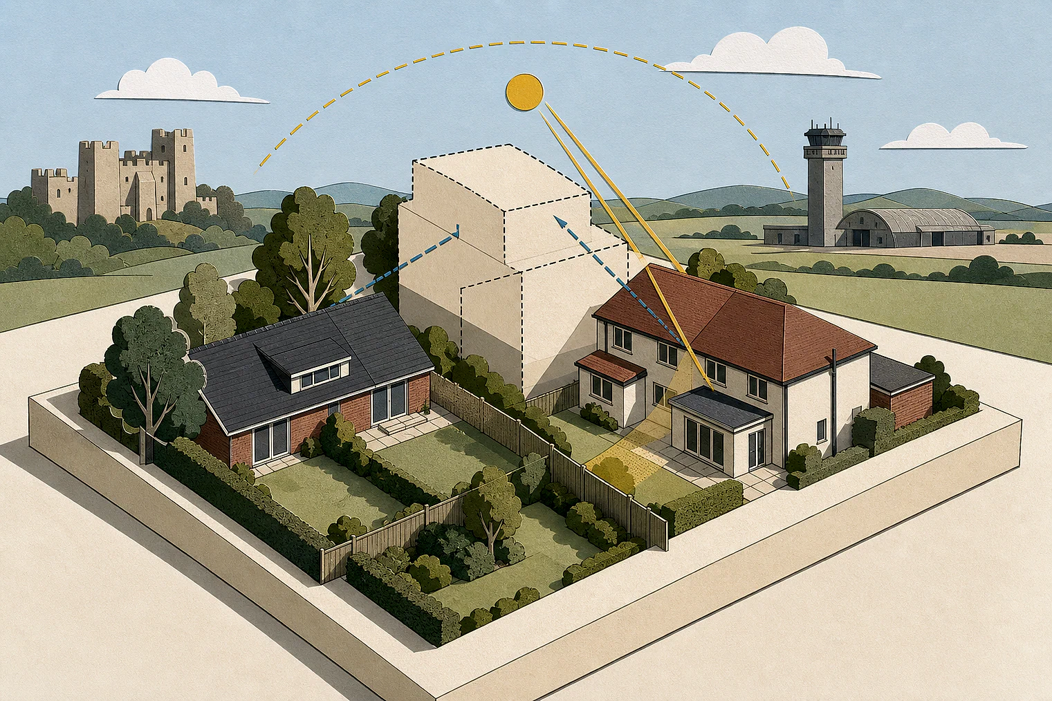 Cut-paper illustration of an imaginary privacy, daylight and neighbour living conditions planning issue in West Berkshire, with simplified local landmarks.