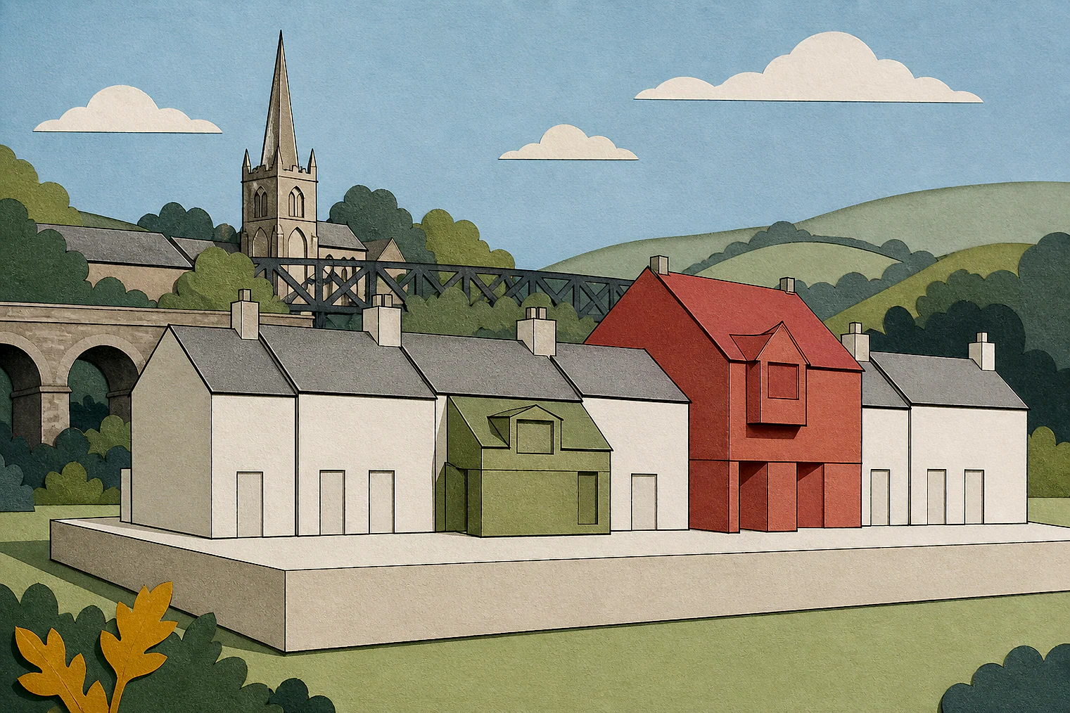 Cut-paper illustration of an imaginary character, scale and appearance planning issue in West Devon, with simplified local landmarks.