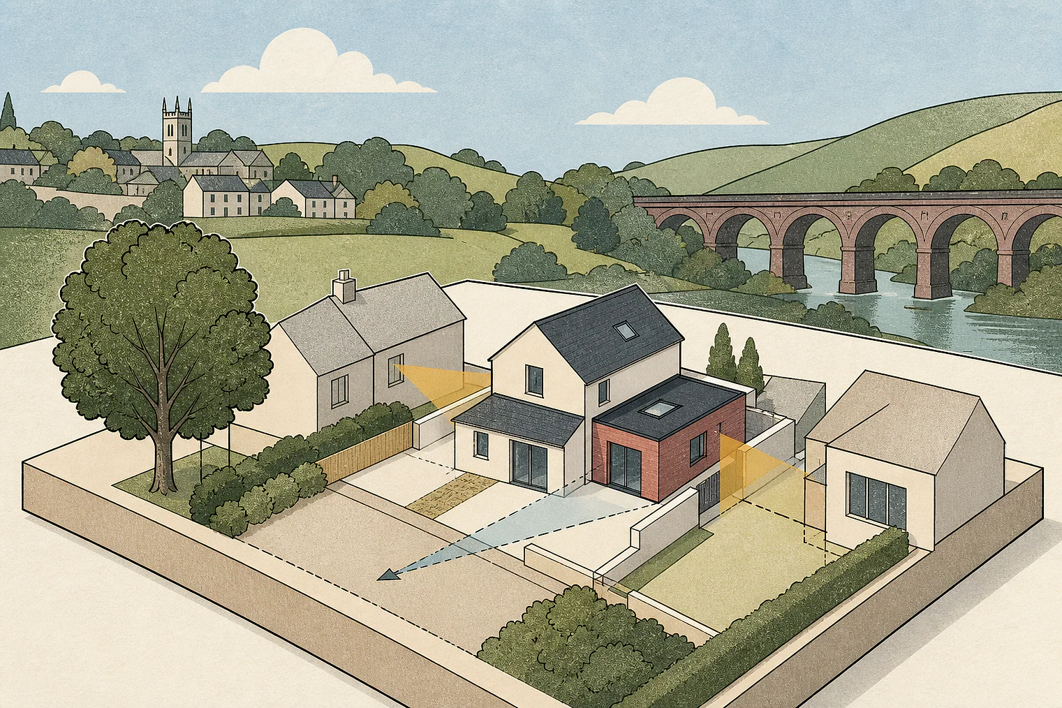 Cut-paper planning illustration for West Devon, showing extensions, neighbours, access and open land near simplified local landmarks.