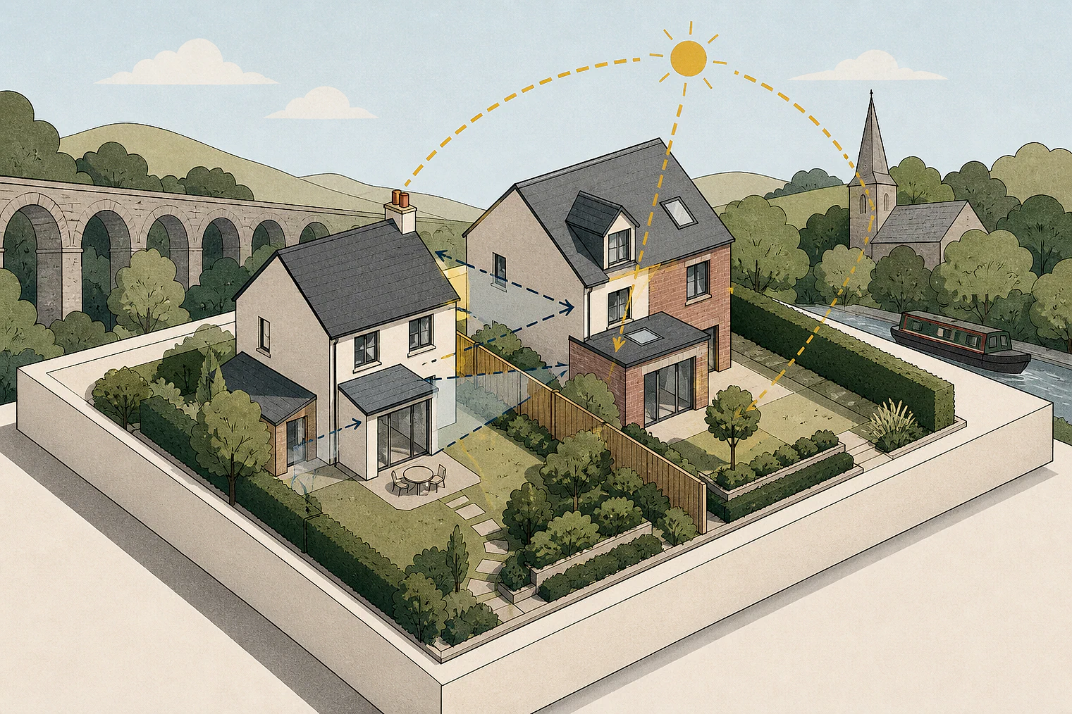 Cut-paper illustration of an imaginary privacy, daylight and neighbour living conditions planning issue in West Devon, with simplified local landmarks.