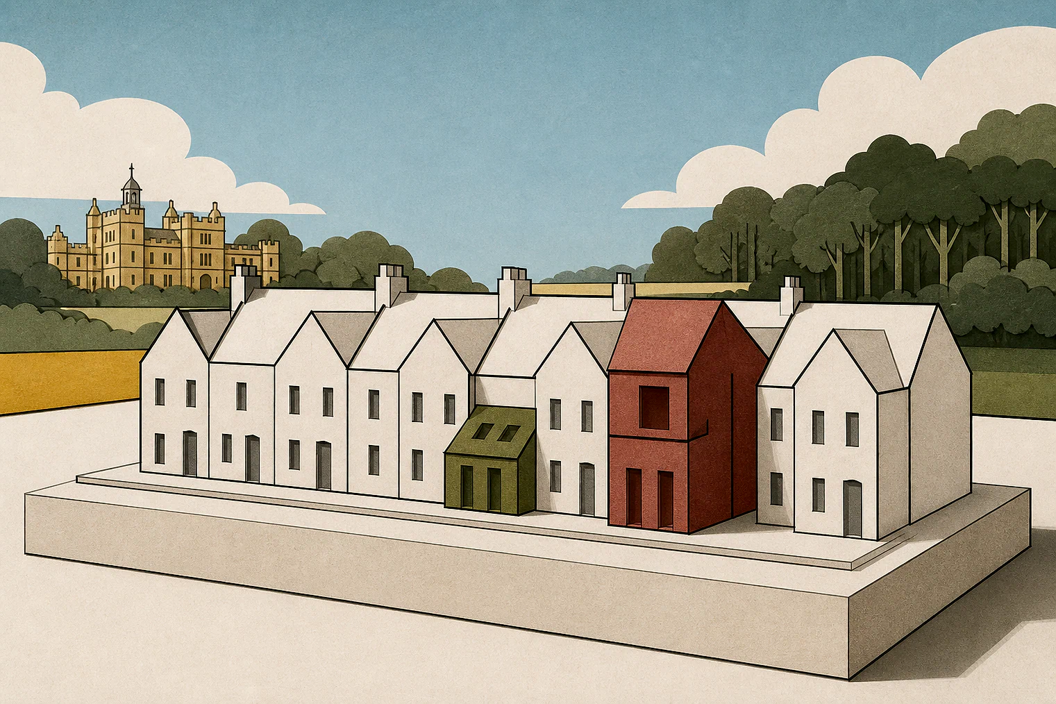 Cut-paper illustration of an imaginary character, scale and appearance planning issue in West Lancashire, with simplified local landmarks.