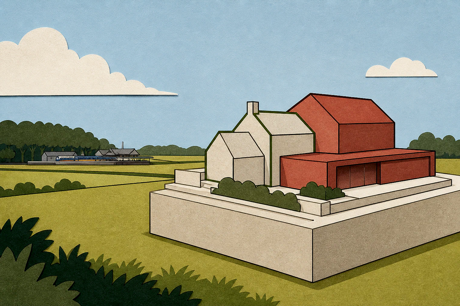 Cut-paper illustration of an imaginary building scale and Green Belt openness planning issue in West Lancashire, with simplified local landmarks.