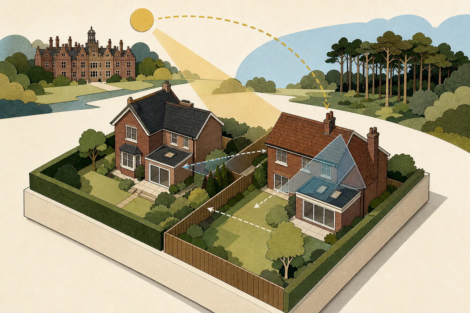 Cut-paper illustration of an imaginary privacy, daylight and neighbour living conditions planning issue in West Lancashire, with simplified local landmarks.