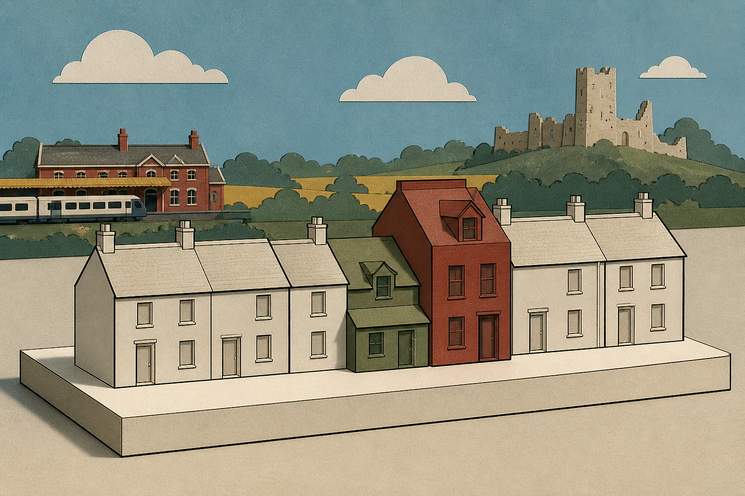 Cut-paper illustration of an imaginary character, scale and appearance planning issue in West Lindsey, with simplified local landmarks.