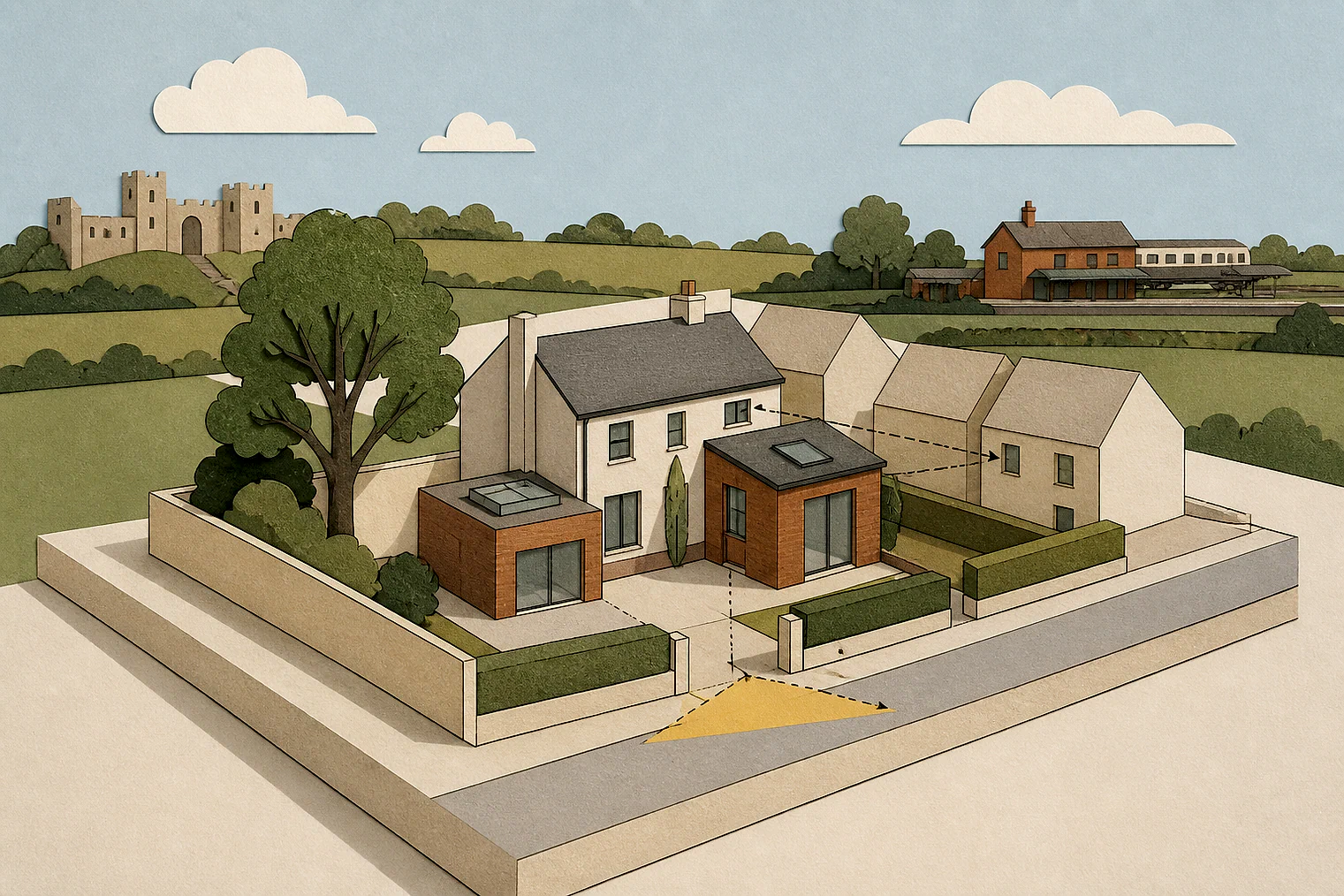 Cut-paper planning illustration for West Lindsey, showing extensions, neighbours, access and open land near simplified local landmarks.