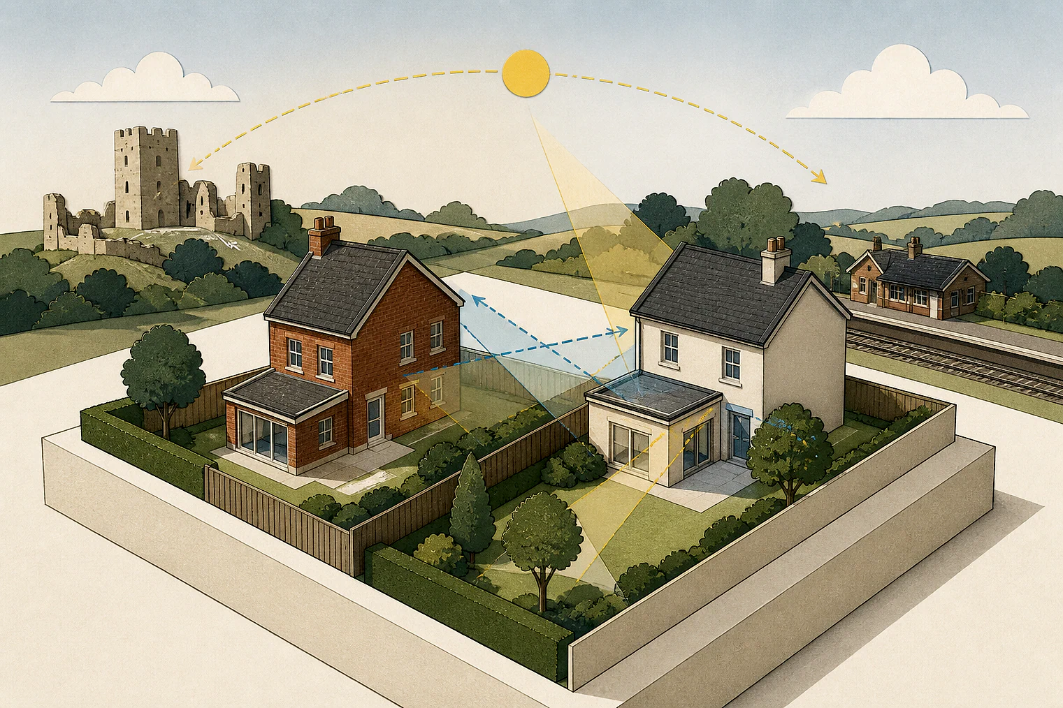 Cut-paper illustration of an imaginary privacy, daylight and neighbour living conditions planning issue in West Lindsey, with simplified local landmarks.