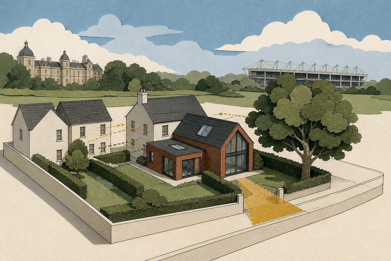Cut-paper planning illustration for West Northamptonshire, showing extensions, neighbours, access and open land near simplified local landmarks.