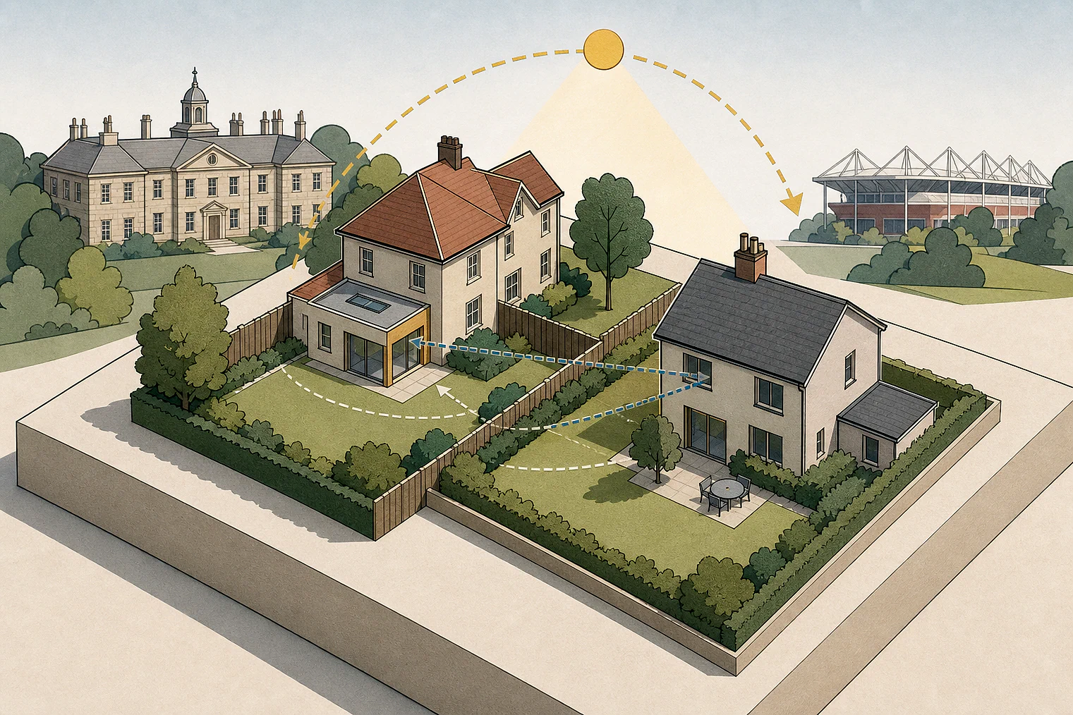 Cut-paper illustration of an imaginary privacy, daylight and neighbour living conditions planning issue in West Northamptonshire, with simplified local landmarks.