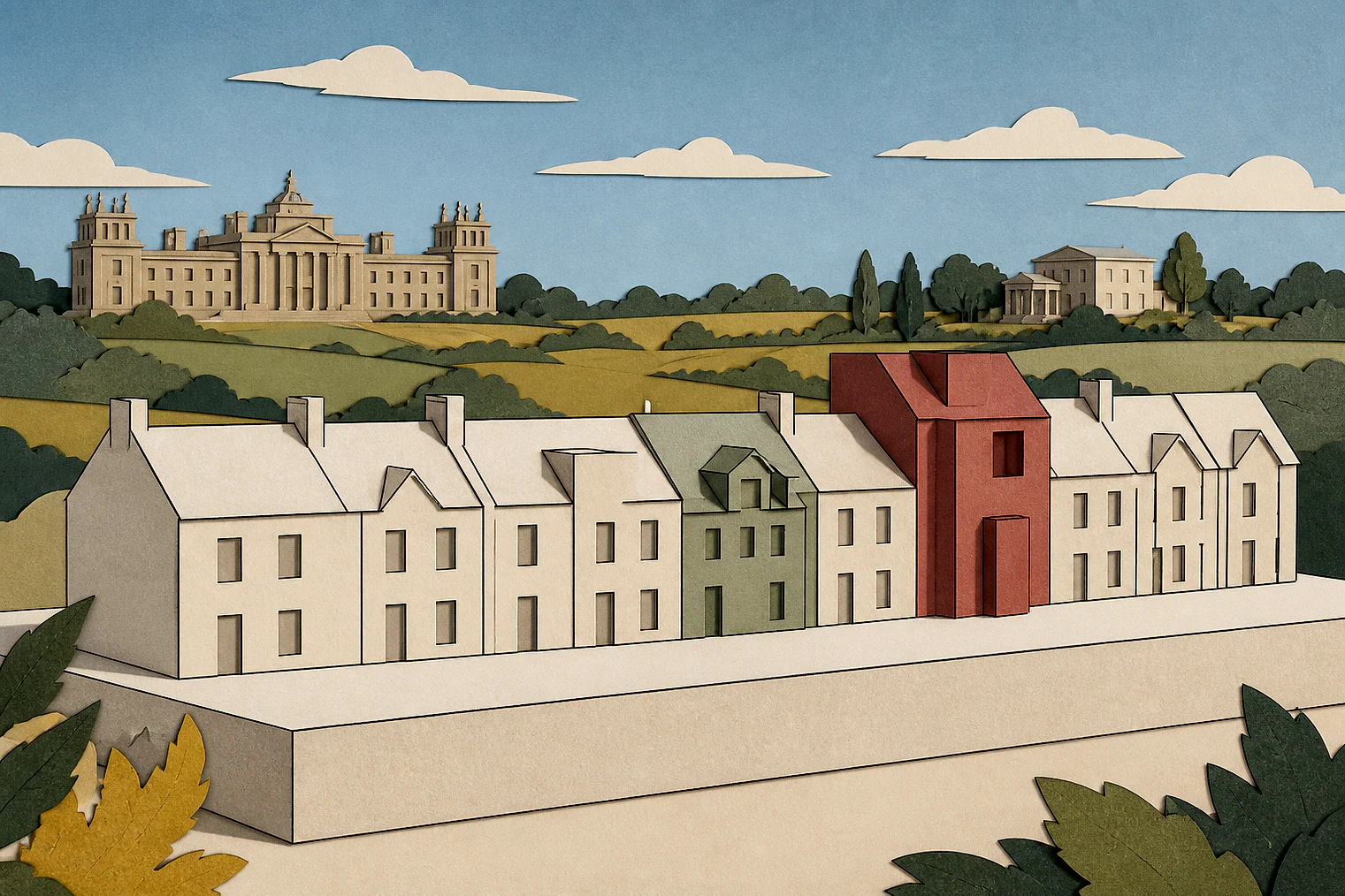 Cut-paper illustration of an imaginary character, scale and appearance planning issue in West Oxfordshire, with simplified local landmarks.