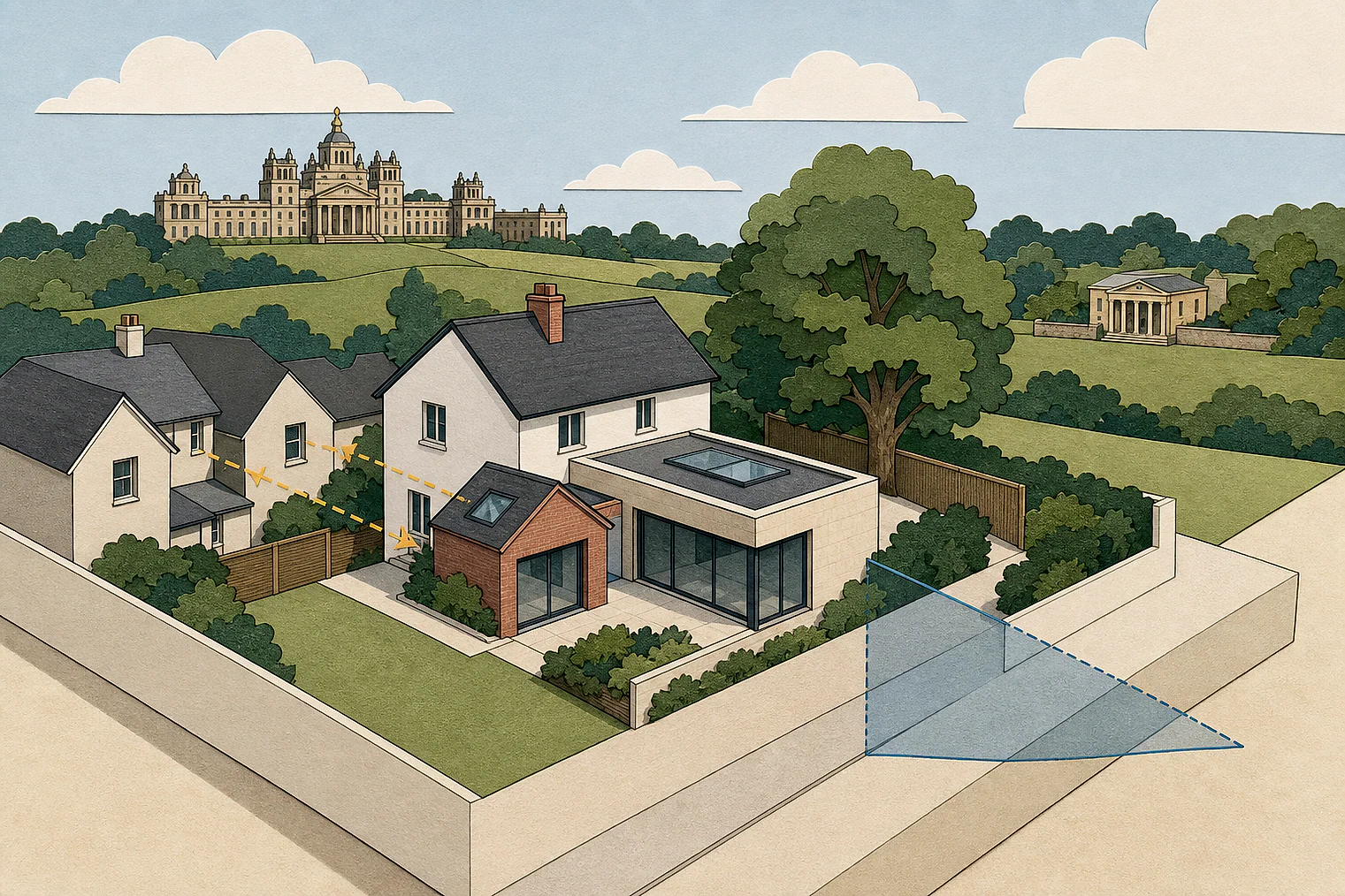 Cut-paper planning illustration for West Oxfordshire, showing extensions, neighbours, access and open land near simplified local landmarks.
