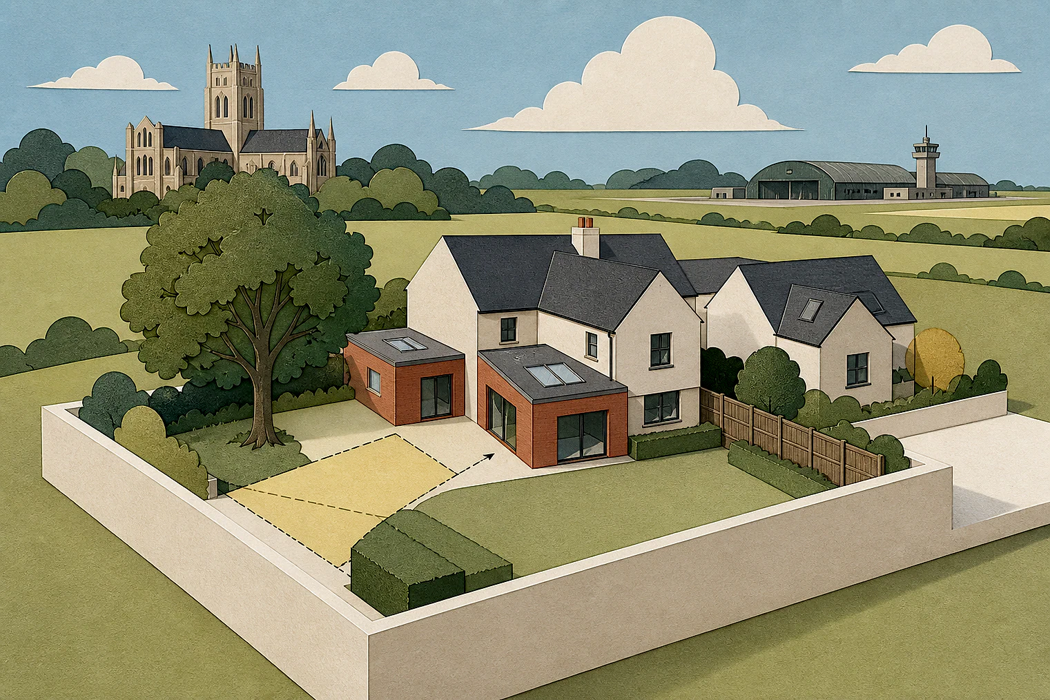 Cut-paper planning illustration for West Suffolk, showing extensions, neighbours, access and open land near simplified local landmarks.