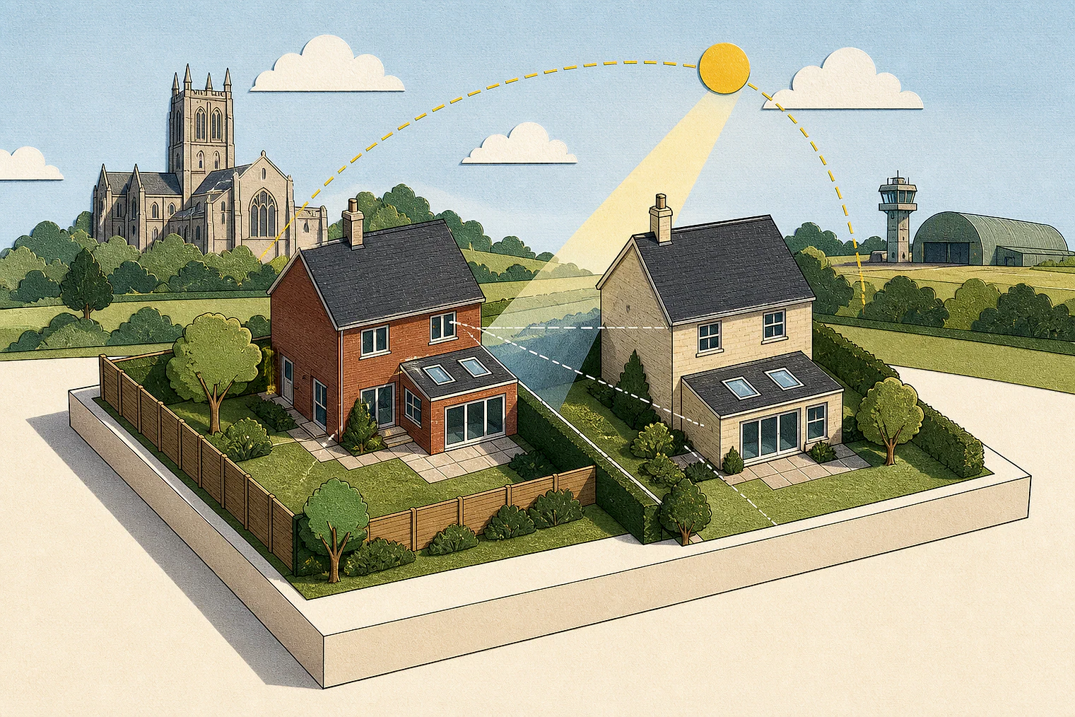 Cut-paper illustration of an imaginary privacy, daylight and neighbour living conditions planning issue in West Suffolk, with simplified local landmarks.