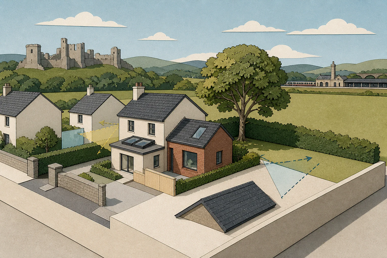 Cut-paper planning illustration for Westmorland and Furness, showing extensions, neighbours, access and open land near simplified local landmarks.