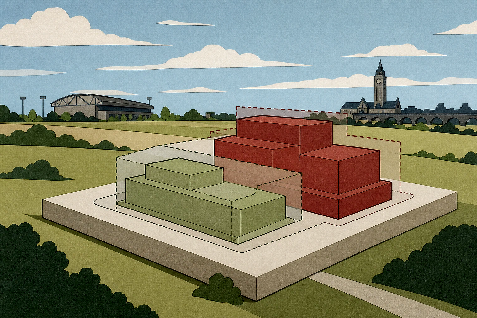 Cut-paper illustration of an imaginary building scale and Green Belt openness planning issue in Wigan Metropolitan, with simplified local landmarks.