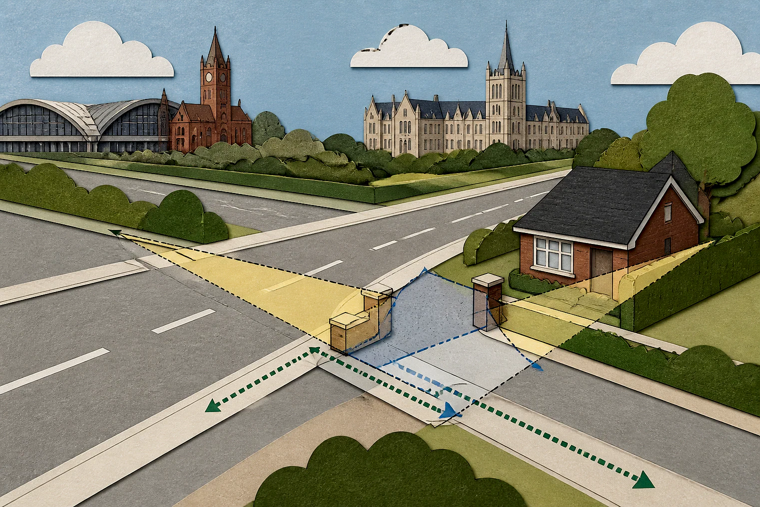 Cut-paper illustration of an imaginary access, visibility and highway safety planning issue in Wigan Metropolitan, with simplified local landmarks.