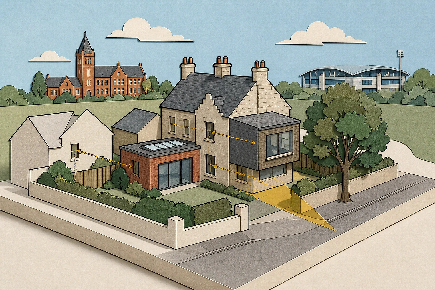 Cut-paper planning illustration for Wigan Metropolitan, showing extensions, neighbours, access and open land near simplified local landmarks.