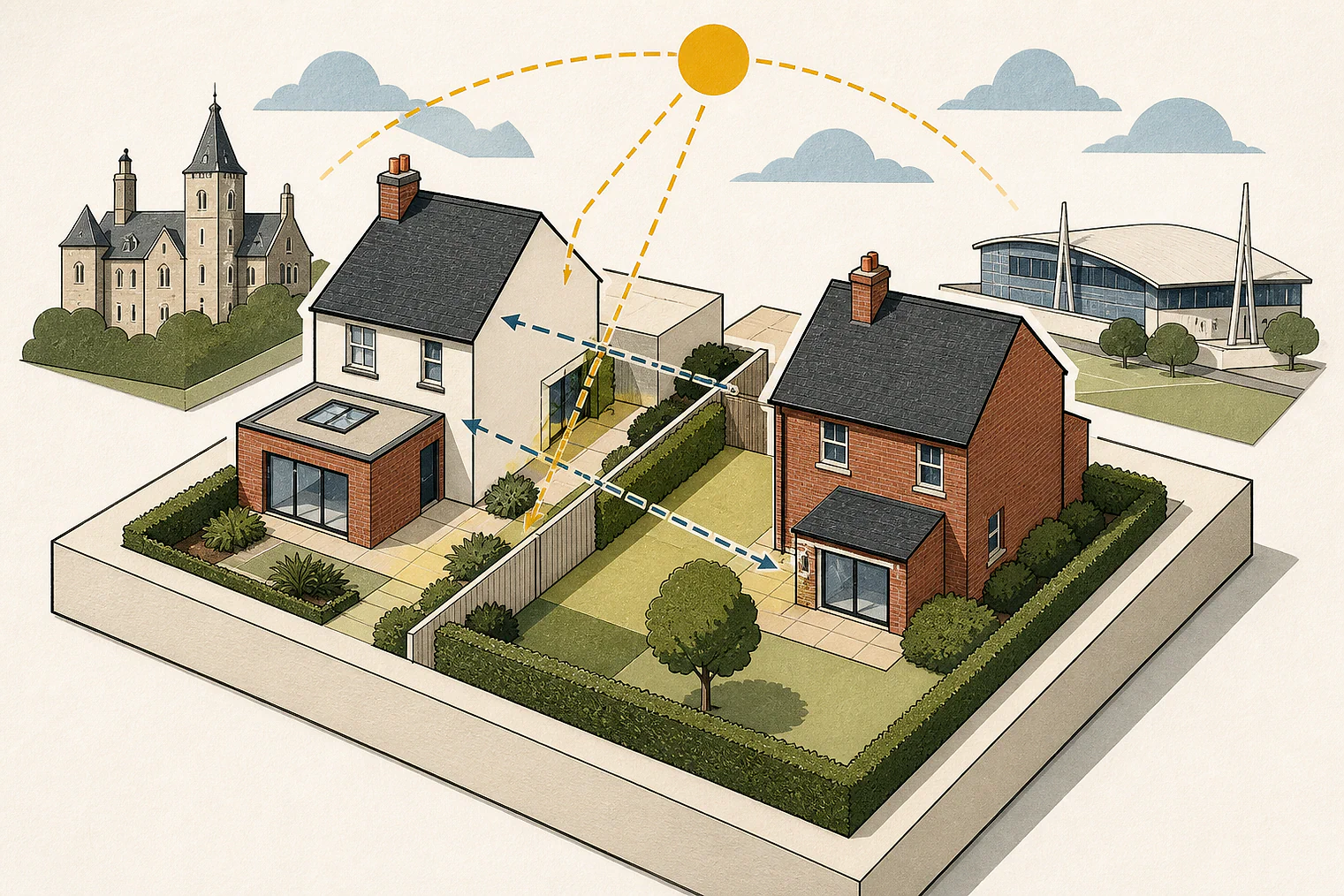 Cut-paper illustration of an imaginary privacy, daylight and neighbour living conditions planning issue in Wigan Metropolitan, with simplified local landmarks.