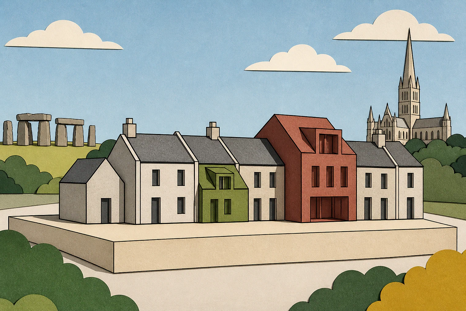 Cut-paper illustration of an imaginary character, scale and appearance planning issue in Wiltshire, with simplified local landmarks.