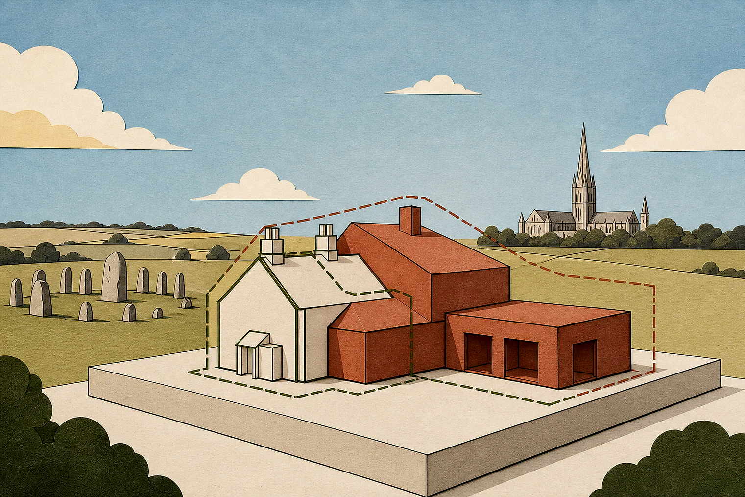 Cut-paper illustration of an imaginary building scale and Green Belt openness planning issue in Wiltshire, with simplified local landmarks.