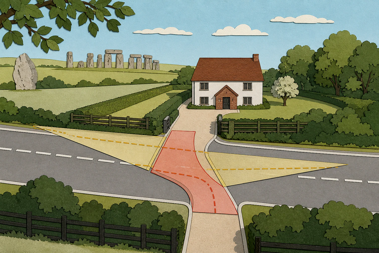 Cut-paper illustration of an imaginary access, visibility and highway safety planning issue in Wiltshire, with simplified local landmarks.