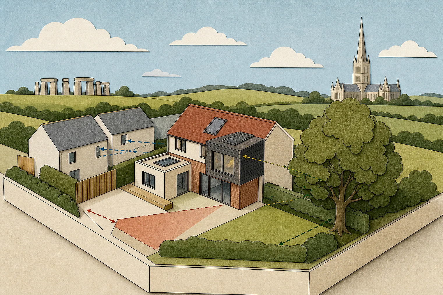 Cut-paper planning illustration for Wiltshire, showing extensions, neighbours, access and open land near simplified local landmarks.