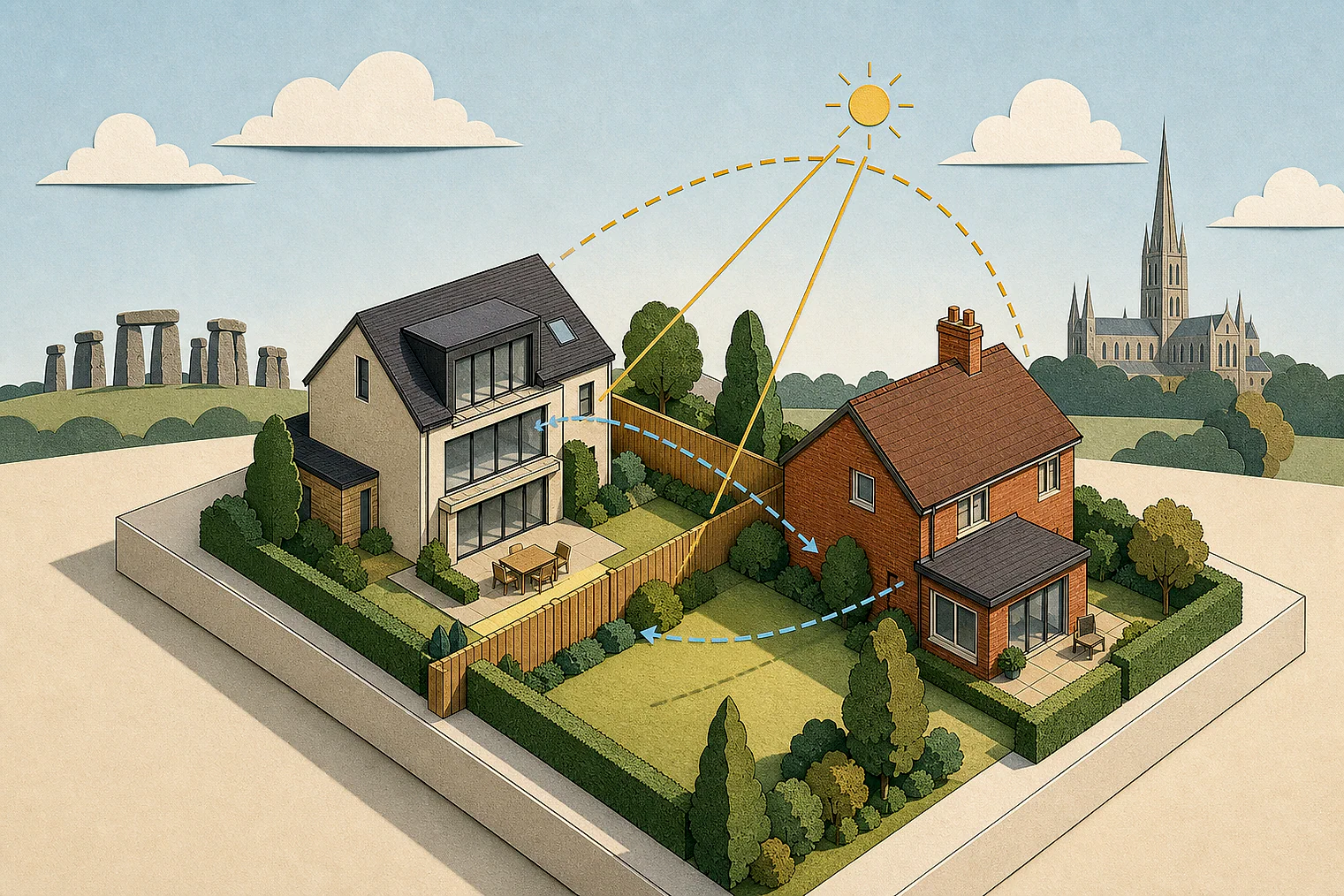 Cut-paper illustration of an imaginary privacy, daylight and neighbour living conditions planning issue in Wiltshire, with simplified local landmarks.
