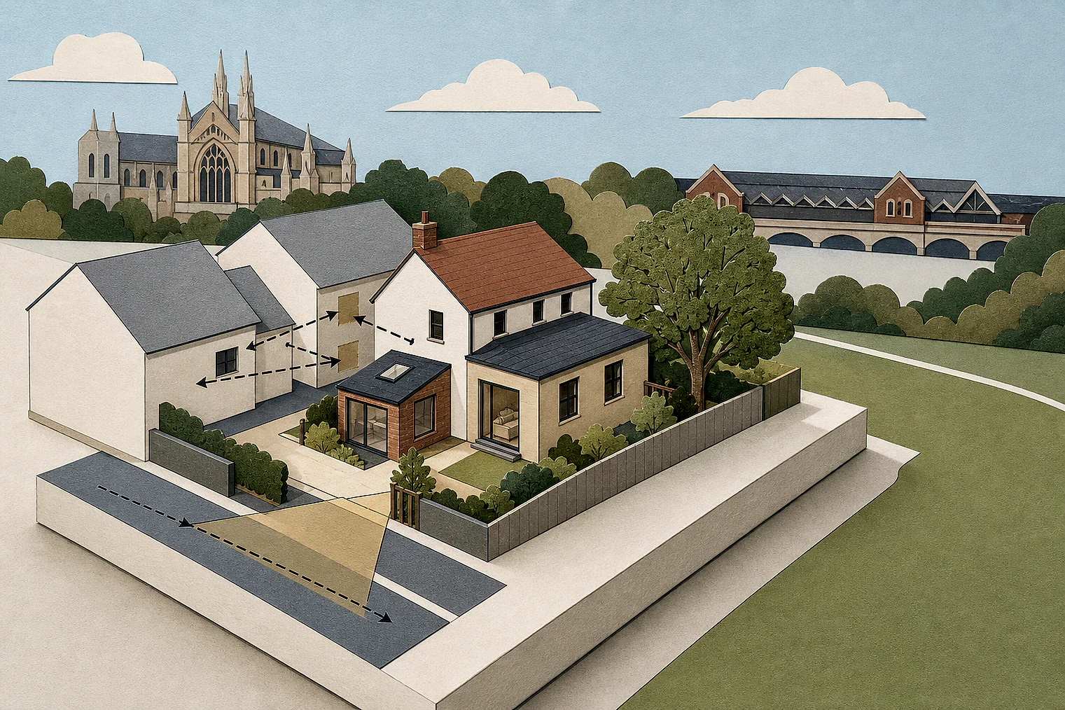 Cut-paper planning illustration for Winchester, showing extensions, neighbours, access and open land near simplified local landmarks.