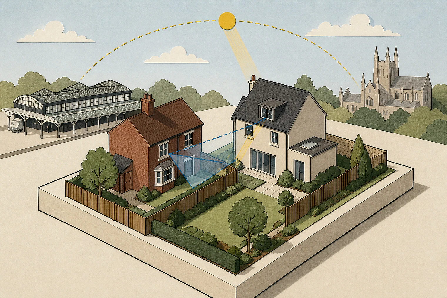 Cut-paper illustration of an imaginary privacy, daylight and neighbour living conditions planning issue in Winchester, with simplified local landmarks.