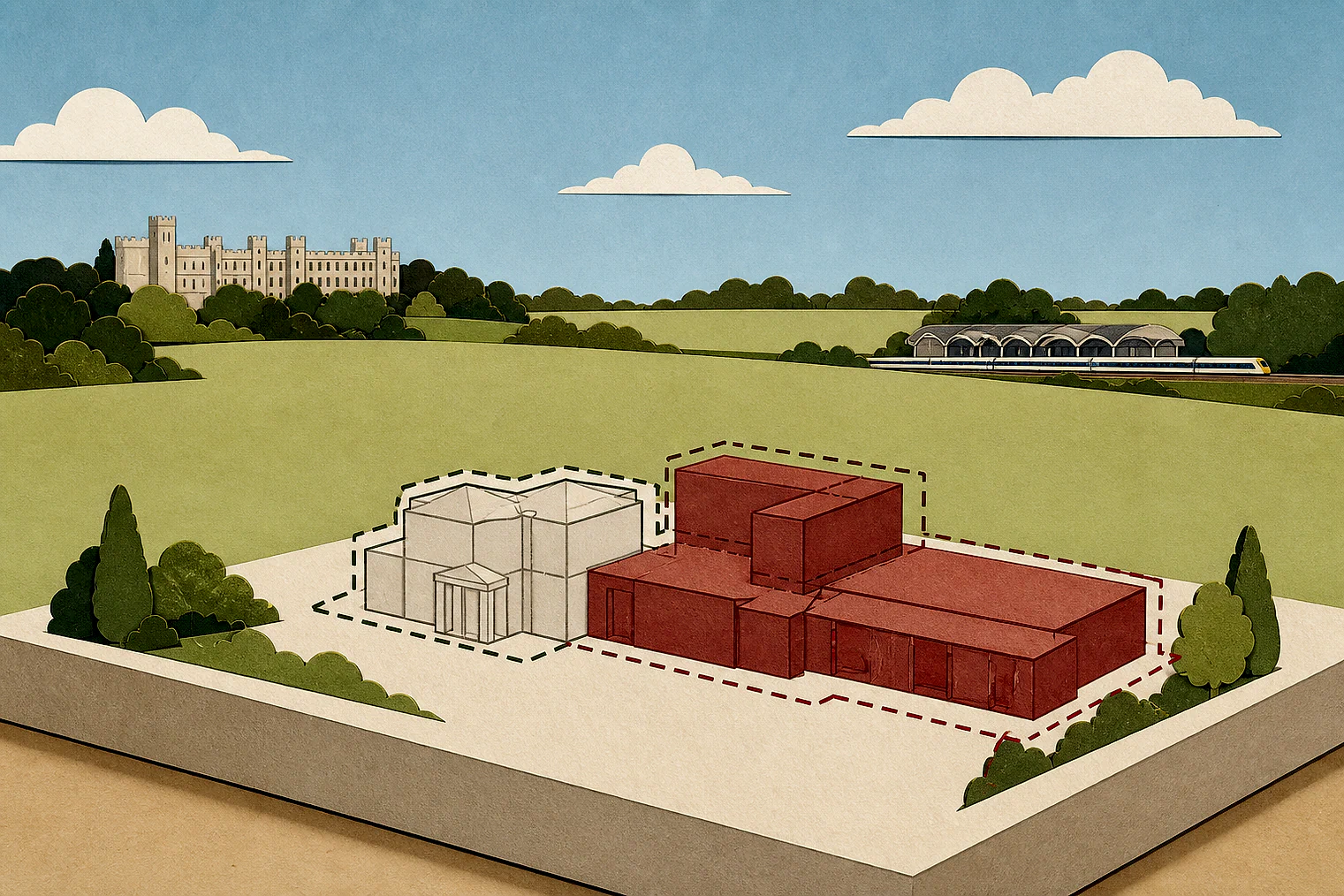 Cut-paper illustration of an imaginary building scale and Green Belt openness planning issue in Windsor and Maidenhead, with simplified local landmarks.