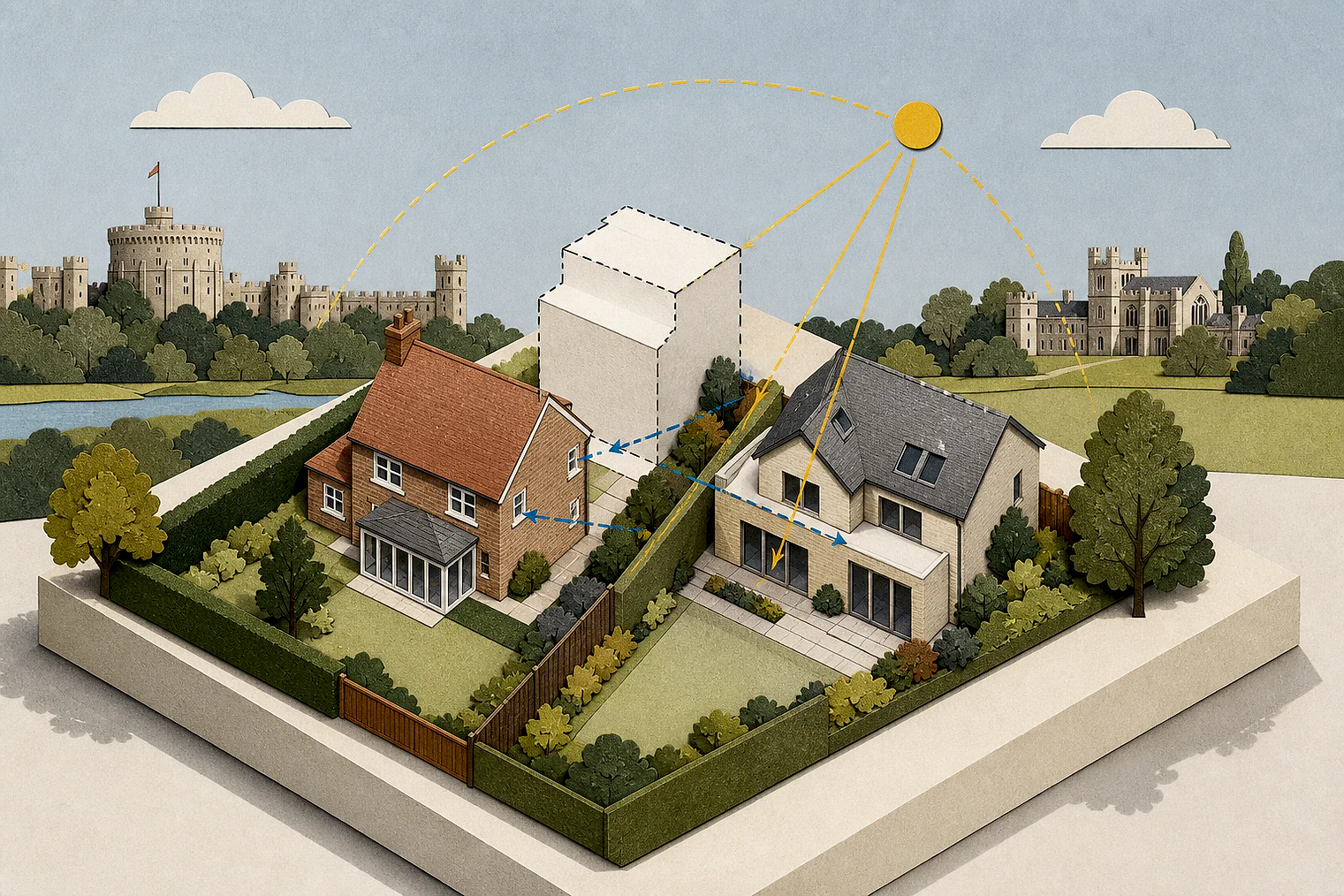 Cut-paper illustration of an imaginary privacy, daylight and neighbour living conditions planning issue in Windsor and Maidenhead, with simplified local landmarks.