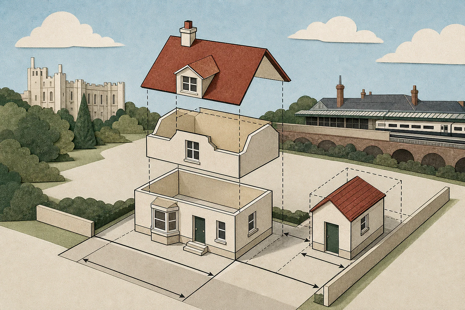 Cut-paper illustration of an imaginary permitted development dimensions and building relationships planning issue in Windsor and Maidenhead, with simplified local landmarks.